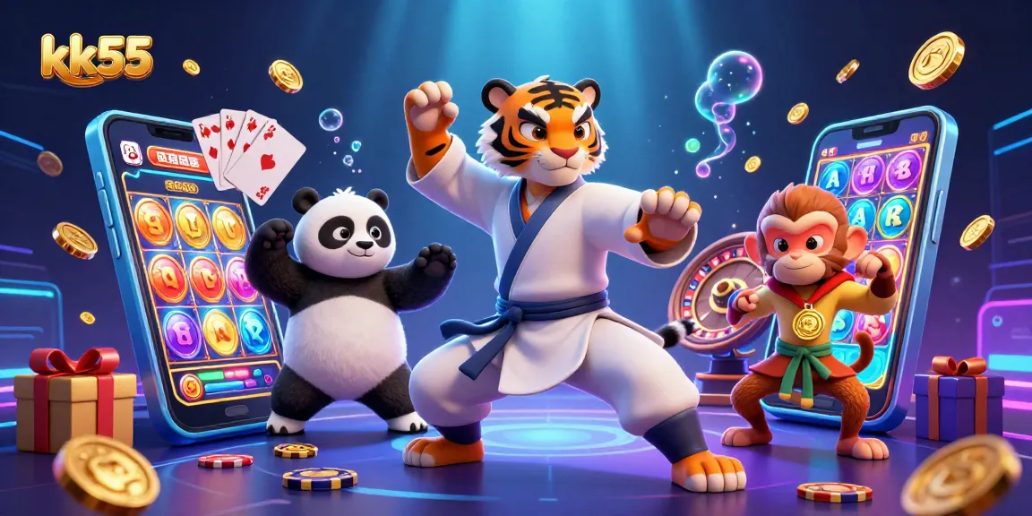 Experience thrilling gameplay at kk55 with a 3D scene featuring a kung fu master, panda and monkey amidst casino elements.