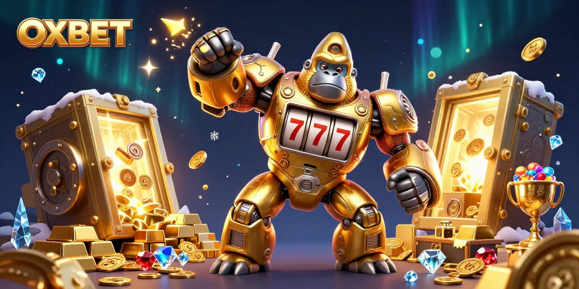 Join the excitement at OXBET with a golden gorilla mech smashing jackpots amidst treasures and jewels.