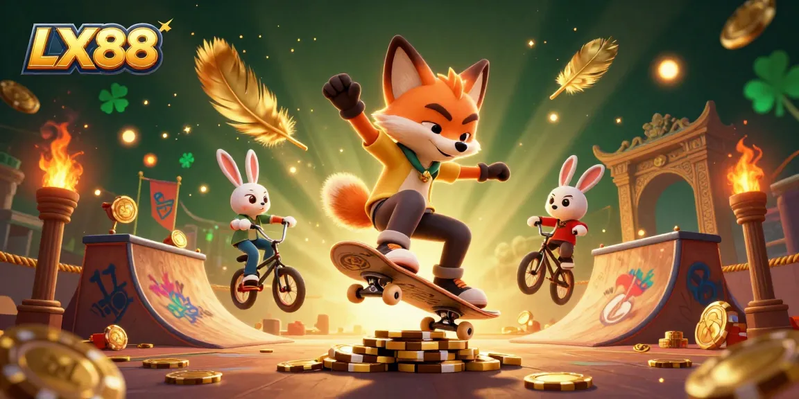 LX88 delivers thrilling gameplay as a fox performs tricks over poker chips with a BMX rabbit companion in a vibrant casino scene.