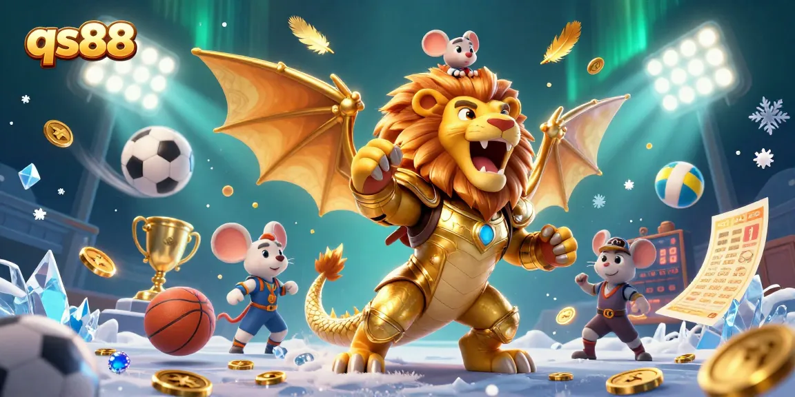 Experience thrilling FUN with qs88 as golden coins, sports elements, and a chimera celebrate the game and winning.