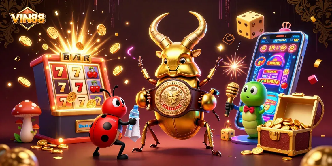 Engage with VIN88's thrilling slot experience featuring a 3D giant beetle preparing for a championship showdown.
